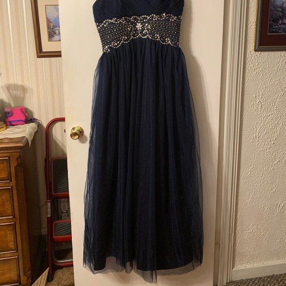 Hebeos Navy Blue Sweetheart Embellished Waist Tulle Flowing Formal Gown, WDress2 - Picture 3 of 8